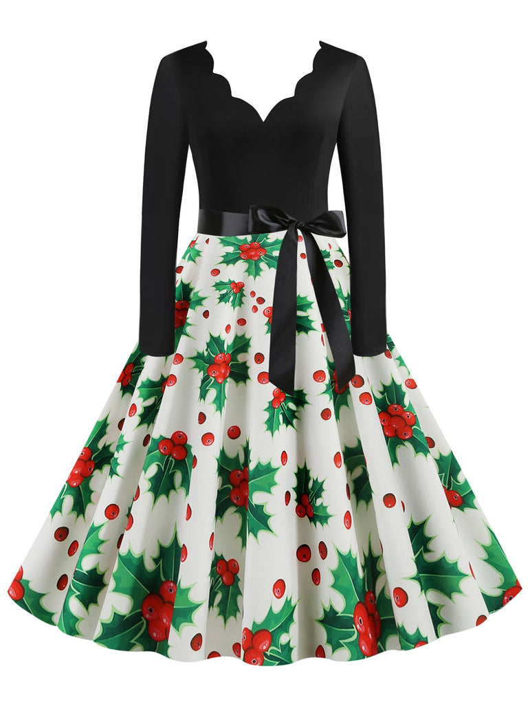 Weihnachten 1950er V-Ausschnitt Patchwork Swing Kleid