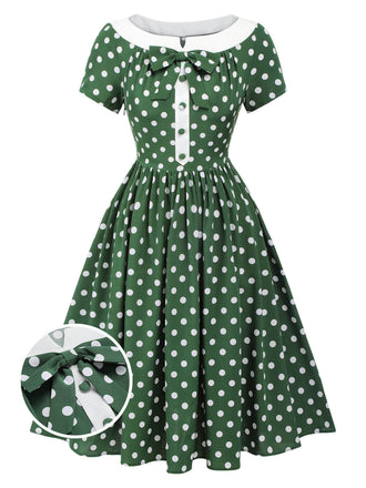 Grün 1940er Polka Dot Schleifenknoten Patchwork Kleid