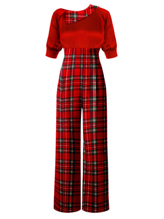Roter 1930er Weihnachts-Plaid-Jumpsuit mit kurzen Ärmeln