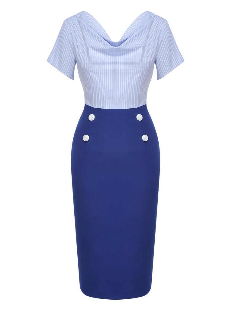 Blau 1960er Kutte gestreift Schnürung Wickeln Kleid