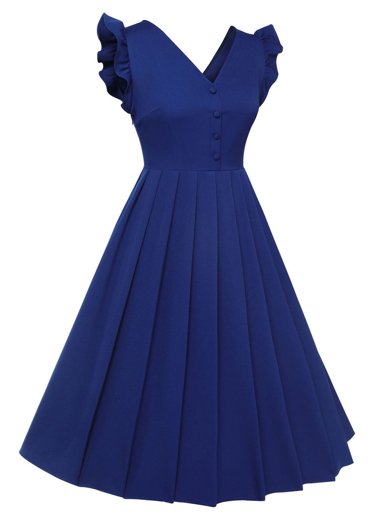 Blau 1950er Plissiertes Rüschen Trägerkleid