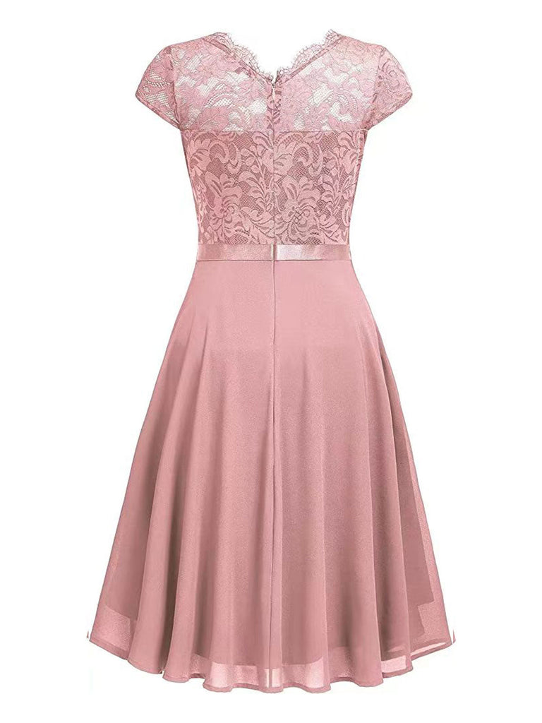 Rosa 1940er Rüschen Spitze Floral Solid Kleid