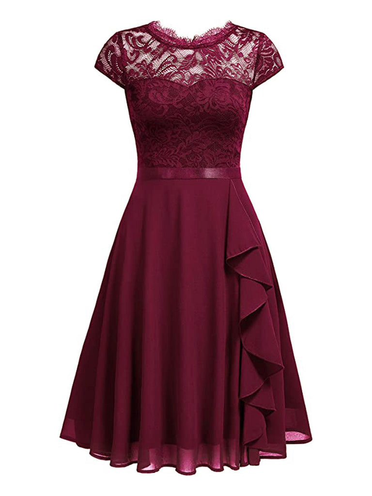 Rosa 1940er Rüschen Spitze Floral Solid Kleid