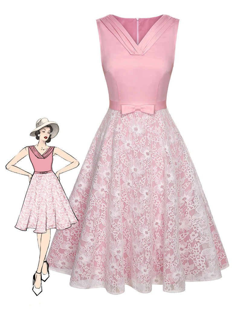 Blassrosa 1950er Solide Spitze Patchwork Kleid