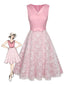 [Vorverkauf] Blassrosa 1950er Solide Spitze Patchwork Kleid