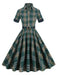 Dunkles Armeegrün 1950er Revers kariertes Kleid