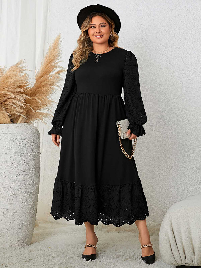 [Übergröße] Schwarzes 1950er Kleid mit langen Ärmeln