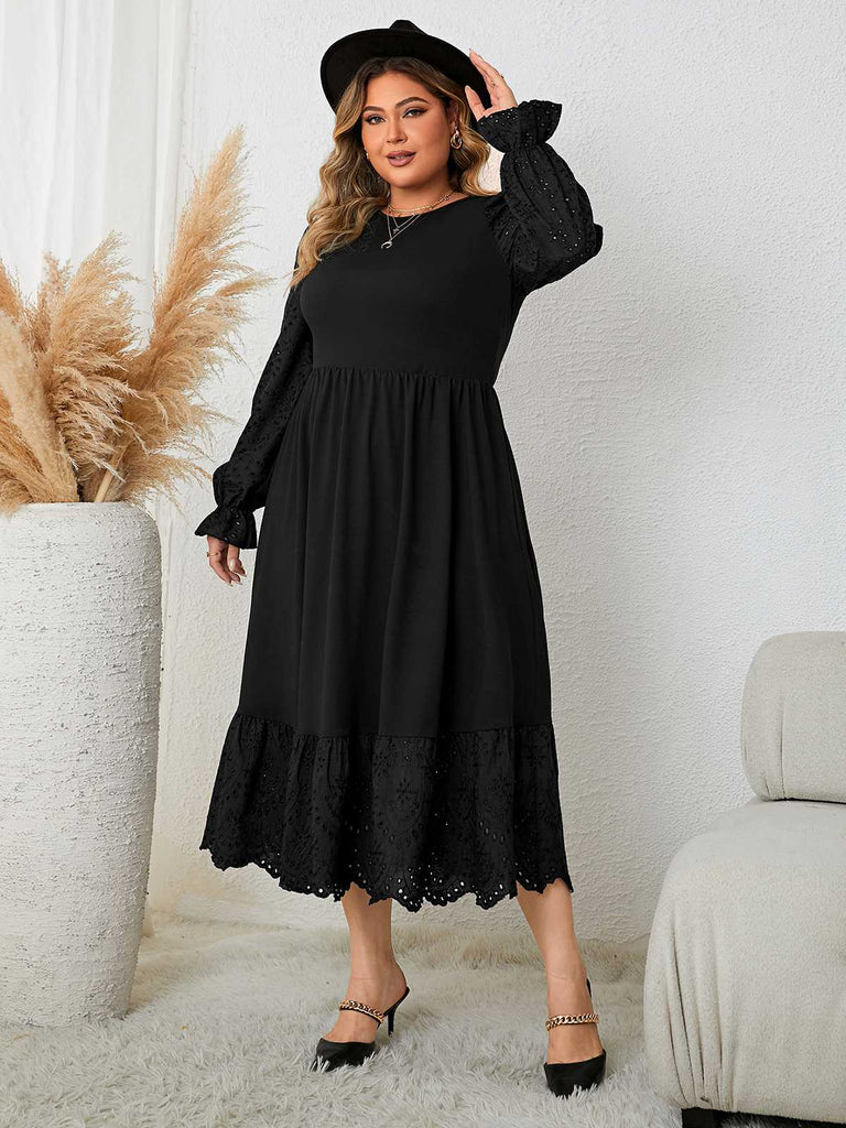 [Übergröße] Schwarzes 1950er Kleid mit langen Ärmeln