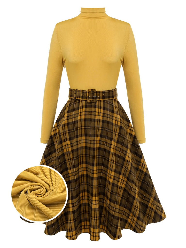 Gelb 1950er Kariertes Rollkragenkleid mit Gürtel