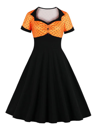 [Große Größen] 1950er Quadratischem Ausschnitt Polka Dot Kleid