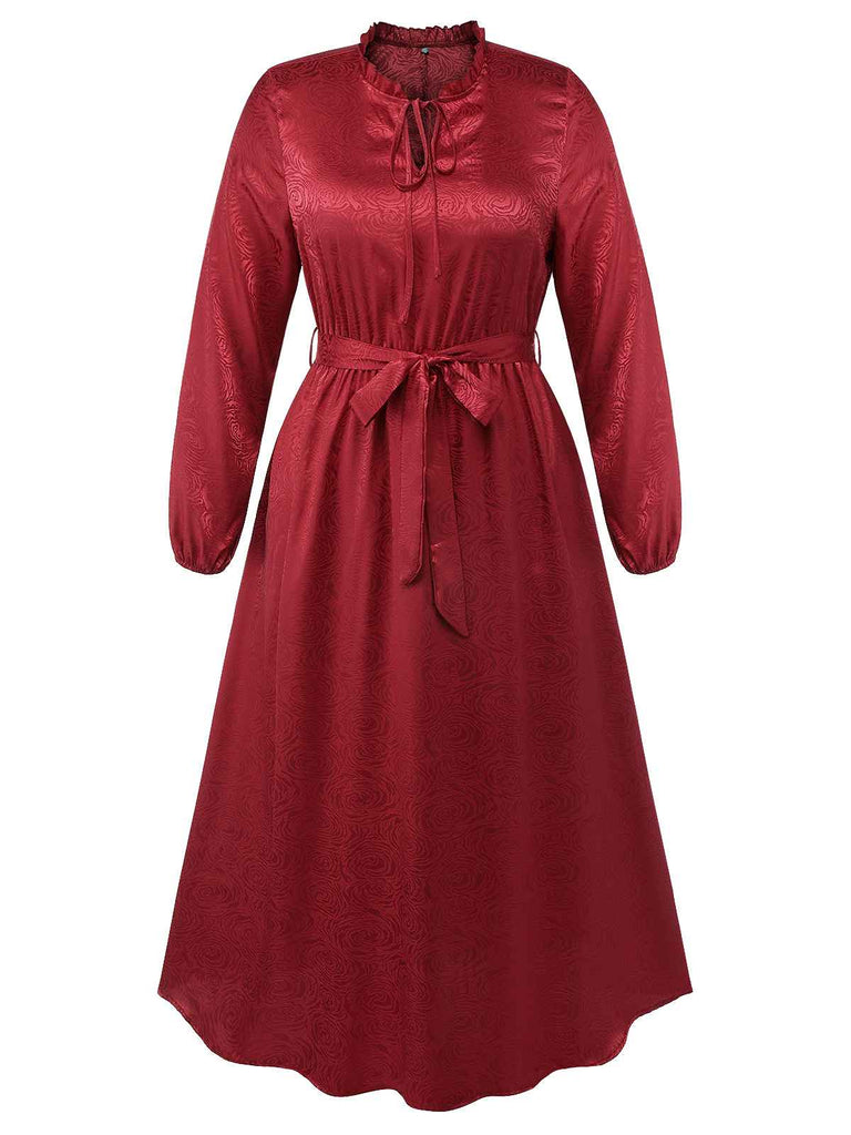 [Übergröße] Rot 1940er Satin Gemustertes Gürtel Kleid