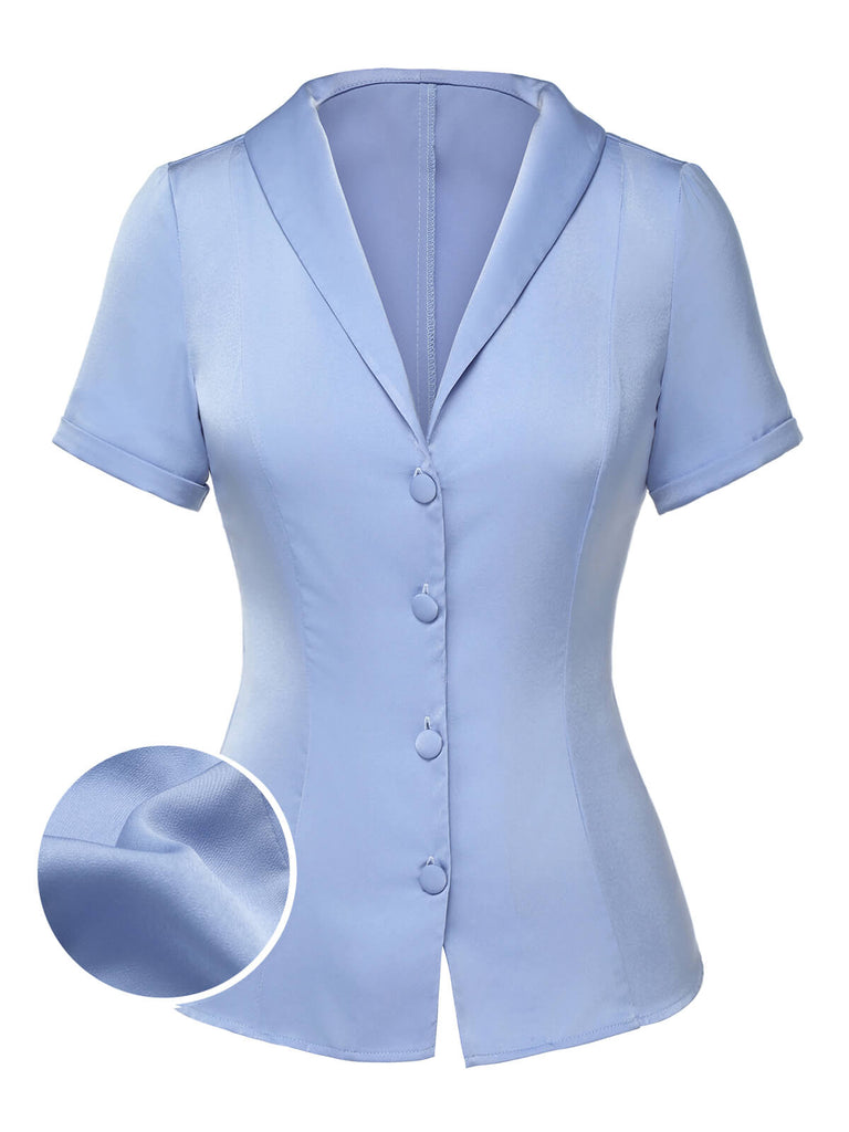 Blau 1950er Solide Revers Bluse