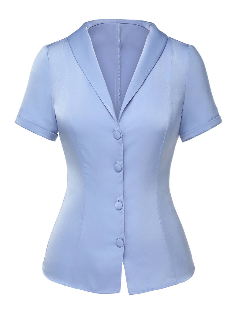 Blau 1950er Solide Revers Bluse