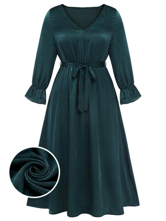[Große Größen] Grün 1940er V-Ausschnitt Taillenband Kleid