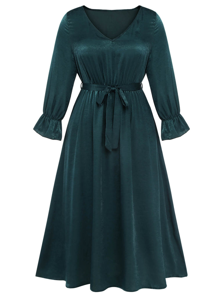 [Übergröße] Grün 1940er V-Ausschnitt Taillenband Kleid