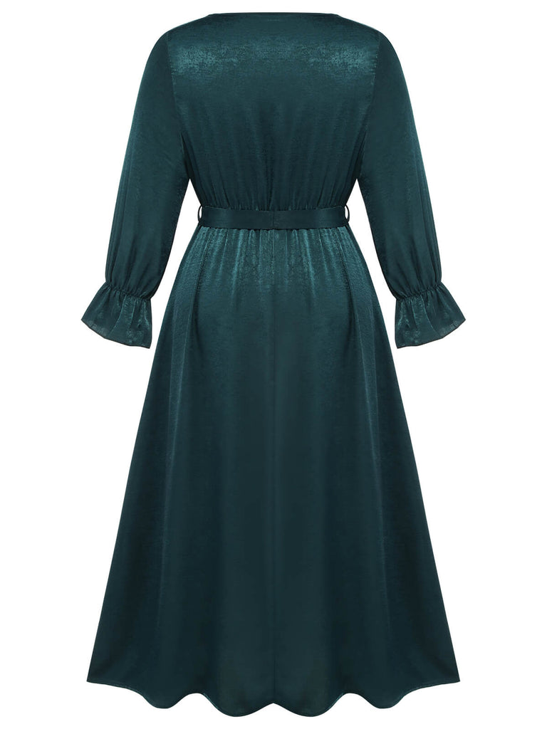 [Übergröße] Grün 1940er V-Ausschnitt Taillenband Kleid