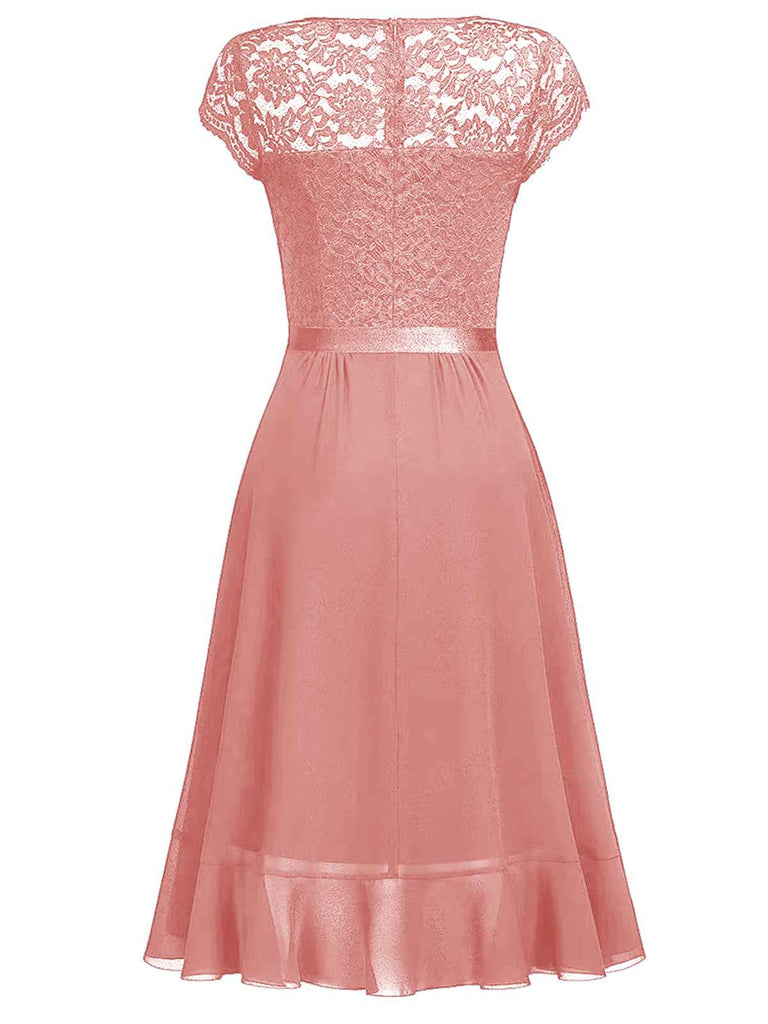 1950er V-Ausschnitt Spitzenrüschen Festes Kleid