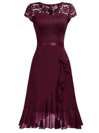 1950er V-Ausschnitt Spitzenrüschen Festes Kleid