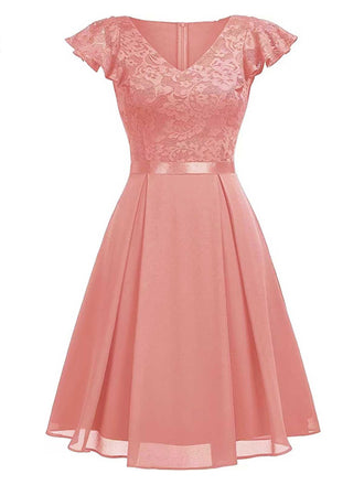 1950er V-Ausschnitt Floralen Spitzenärmeln Festes Kleid