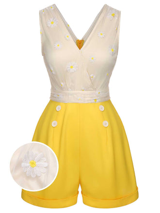 Gelb 1950er V-Ausschnitt Daisy Mesh Romper