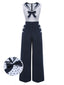 Blau 1940er Polka Dot Bogen Revers Jumpsuit