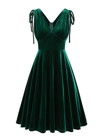 1950er Solide Samt Schnürung V-Ausschnitt Kleid