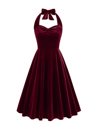 1950er Solides Trägerloses Neckholder Samtkleid