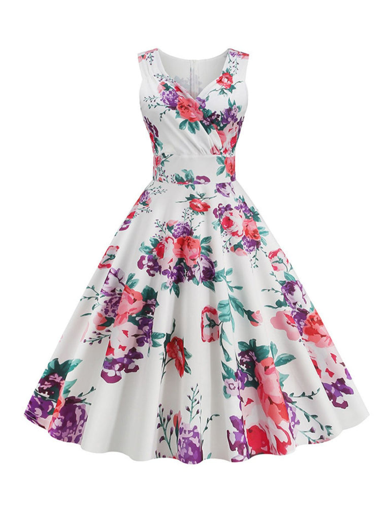 1950er V-Ausschnitt Blumenmuster Kleid