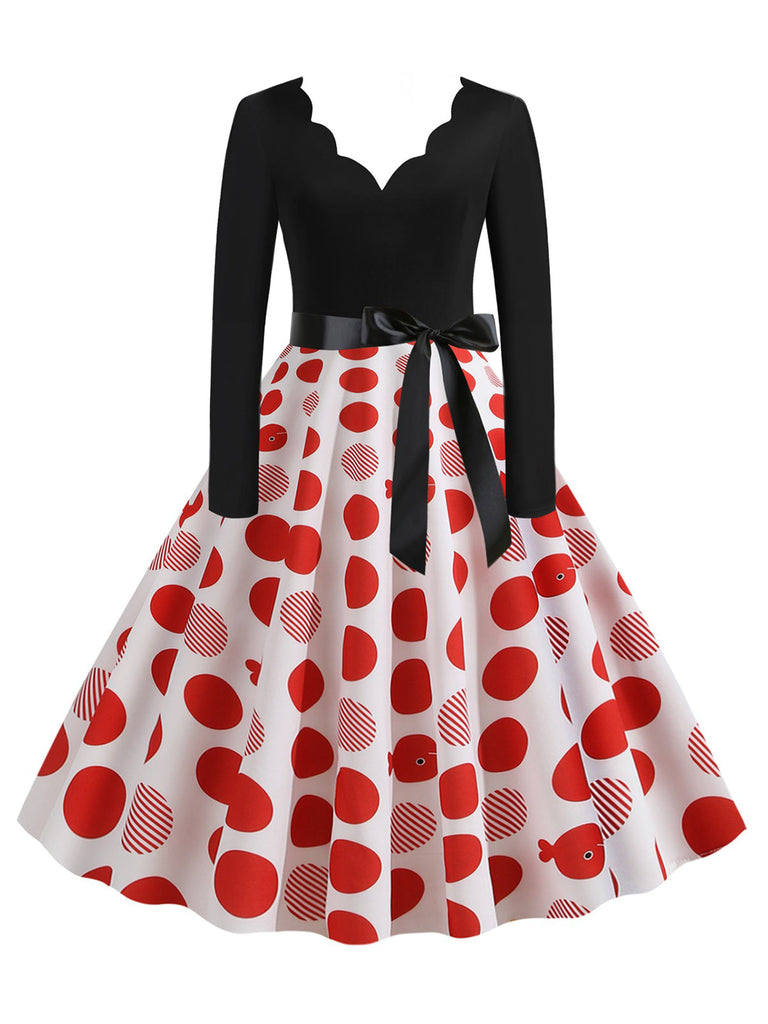 1950er V-Ausschnitt Langärmeliges Kariertes Swing Kleid
