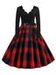 1950er V-Ausschnitt Langärmeliges Kariertes Swing Kleid