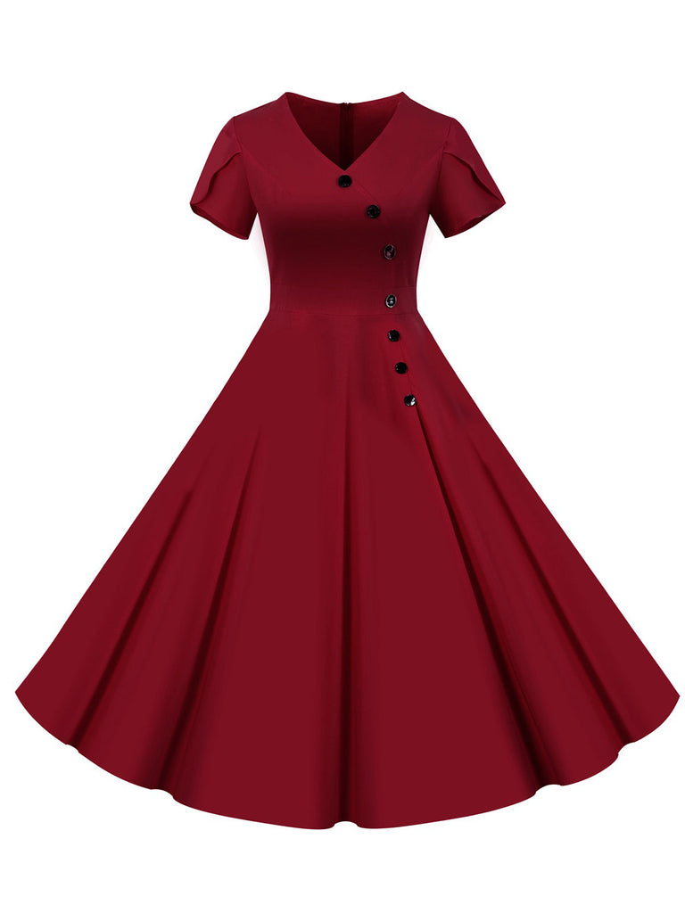 1950er V-Ausschnitt Einreihiges Festes Kleid