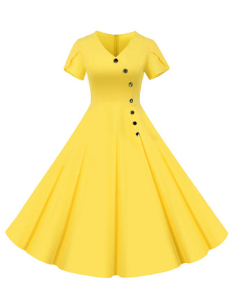 1950er V-Ausschnitt Einreihiges Festes Kleid