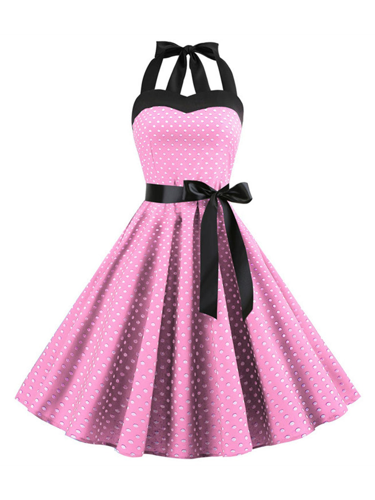 1950er Polka Dot Fliege Halter Swing Kleid