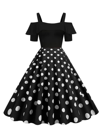 1950er Schwarz Patchwork Polka Dot Riemenkleid