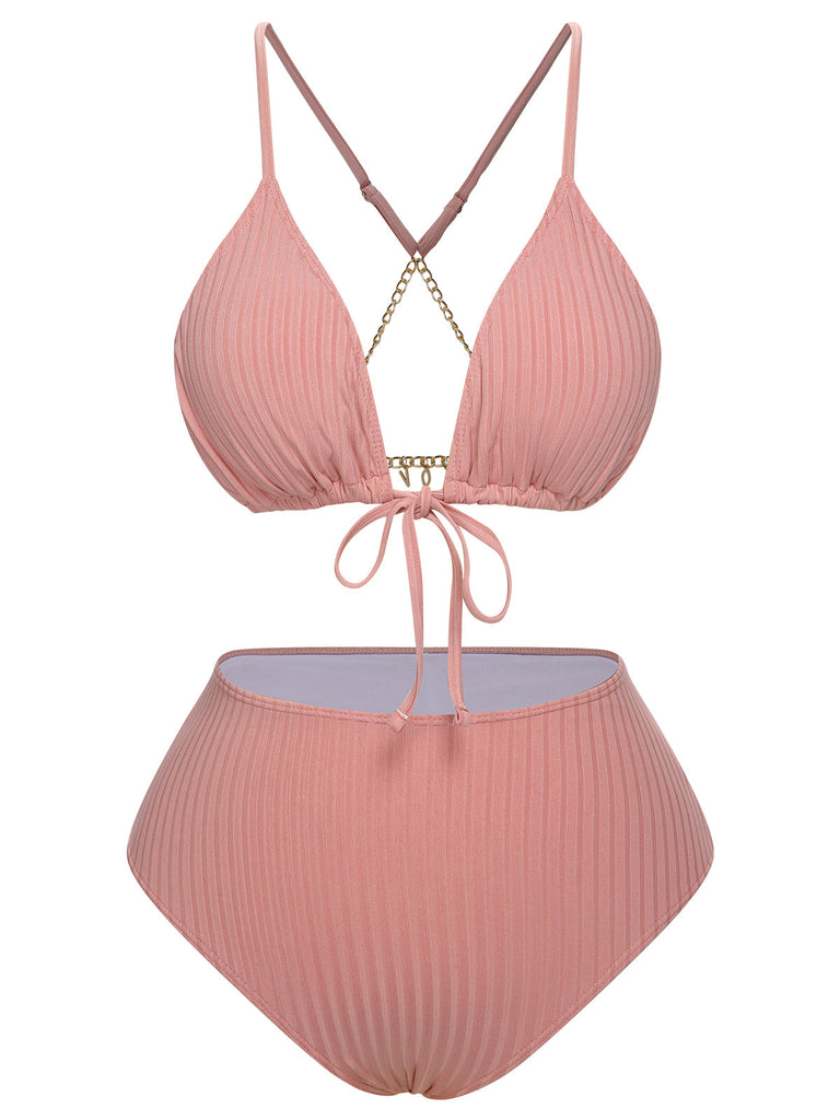 [Übergröße] Rosa 1950er Solide Plissee Bikini Set