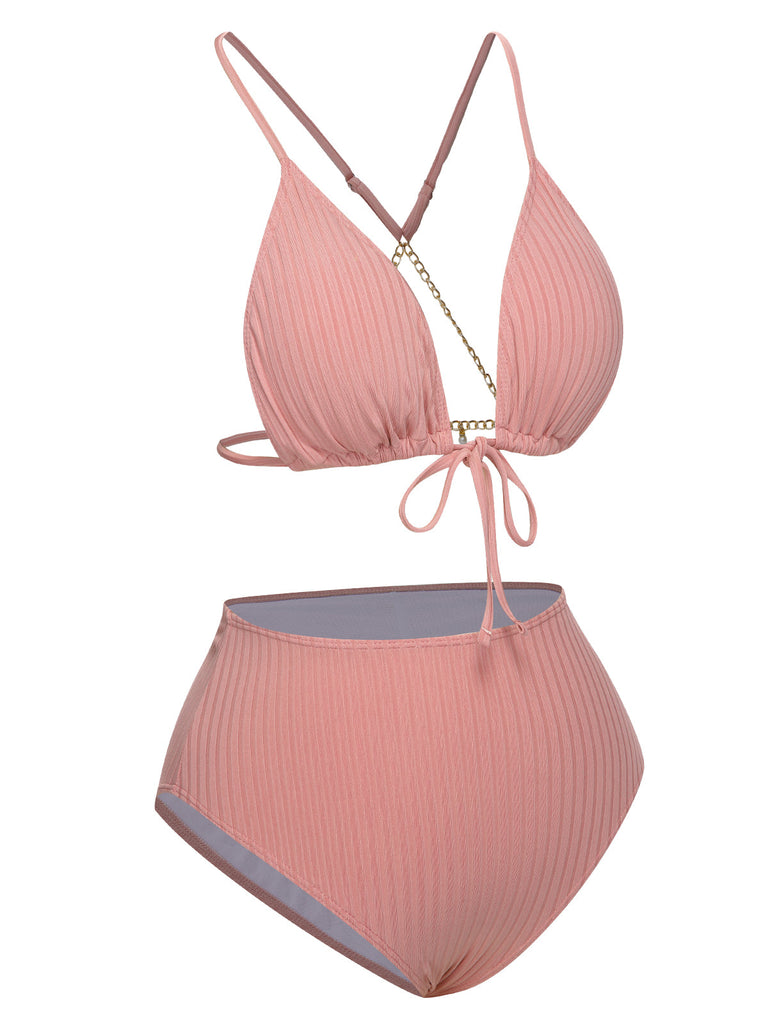 [Übergröße] Rosa 1950er Solide Plissee Bikini Set