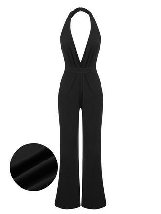 Schwarz 1930er Halter V-Ausschnitt Tiefem Neckholder Jumpsuit