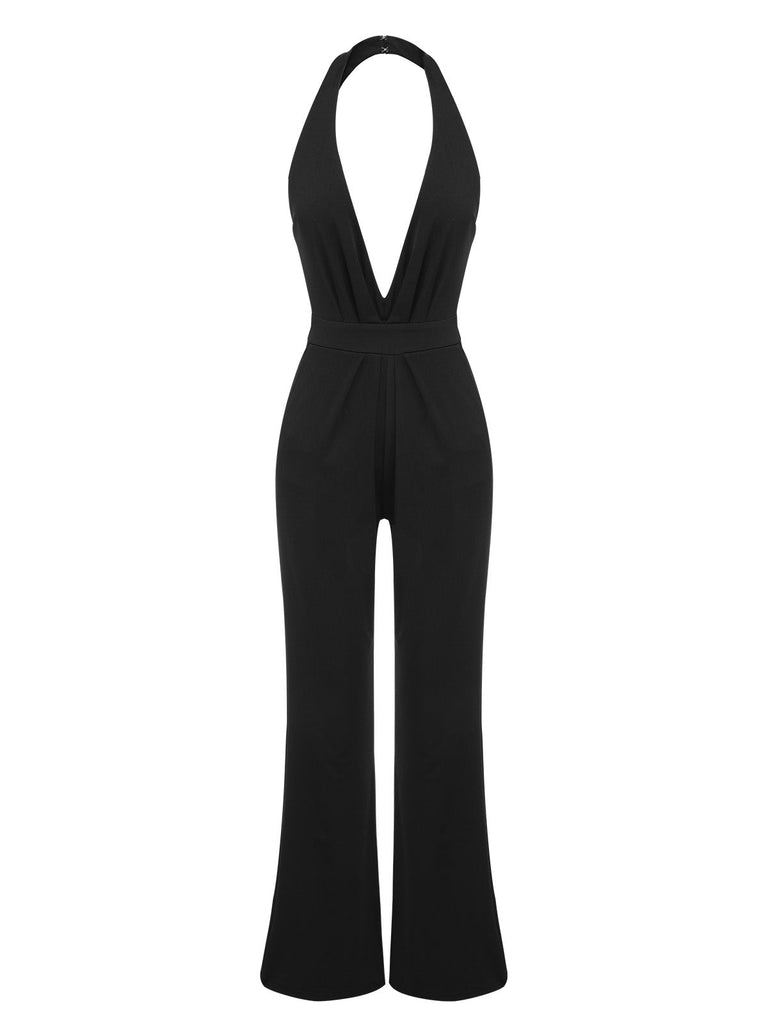 Schwarz 1930er Halter V-Ausschnitt Tiefem Jumpsuit