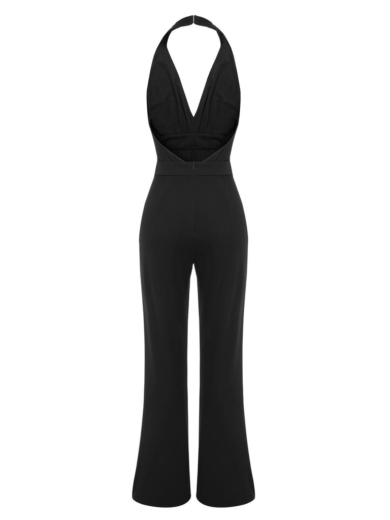 Schwarz 1930er Halter V-Ausschnitt Tiefem Jumpsuit