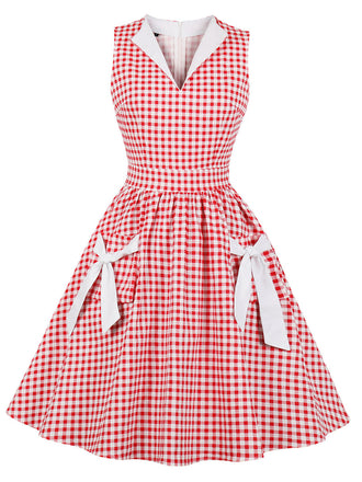 1950er Schleifentaschen Kariertes Revers Kleid