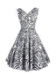 1950er V-Ausschnitt All Over Print Swing Kleid