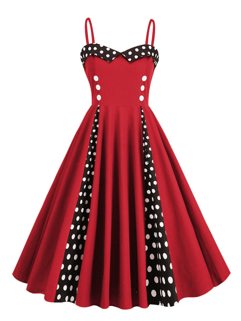 1950er Polka Dot Kontrast Spaghetti Träger Kleid