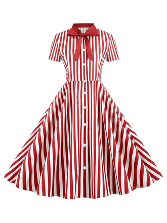 1950er Bogen Gestreiftes Kragen Punkten Swing Kleid