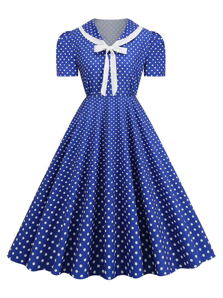 1950er Polka Dots Revers Schleifenknoten Swing Kleid