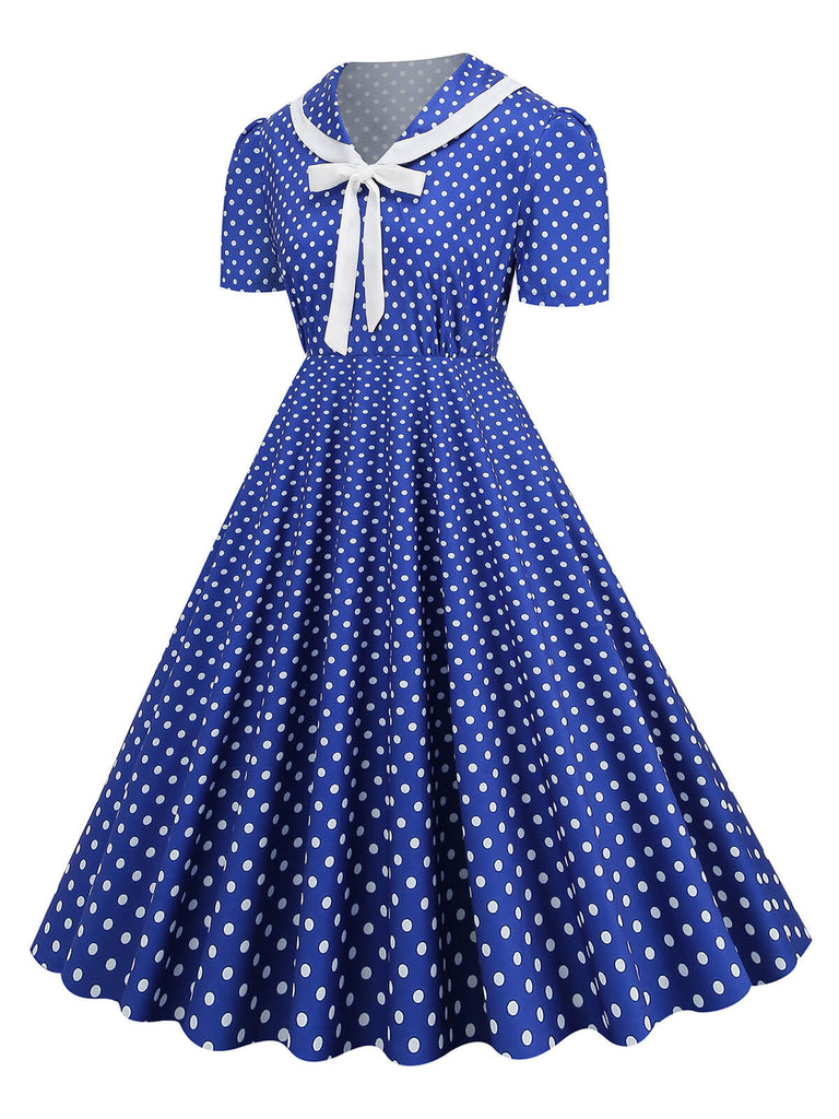 1950er Polka Dots Revers Schleifenknoten Swing Kleid