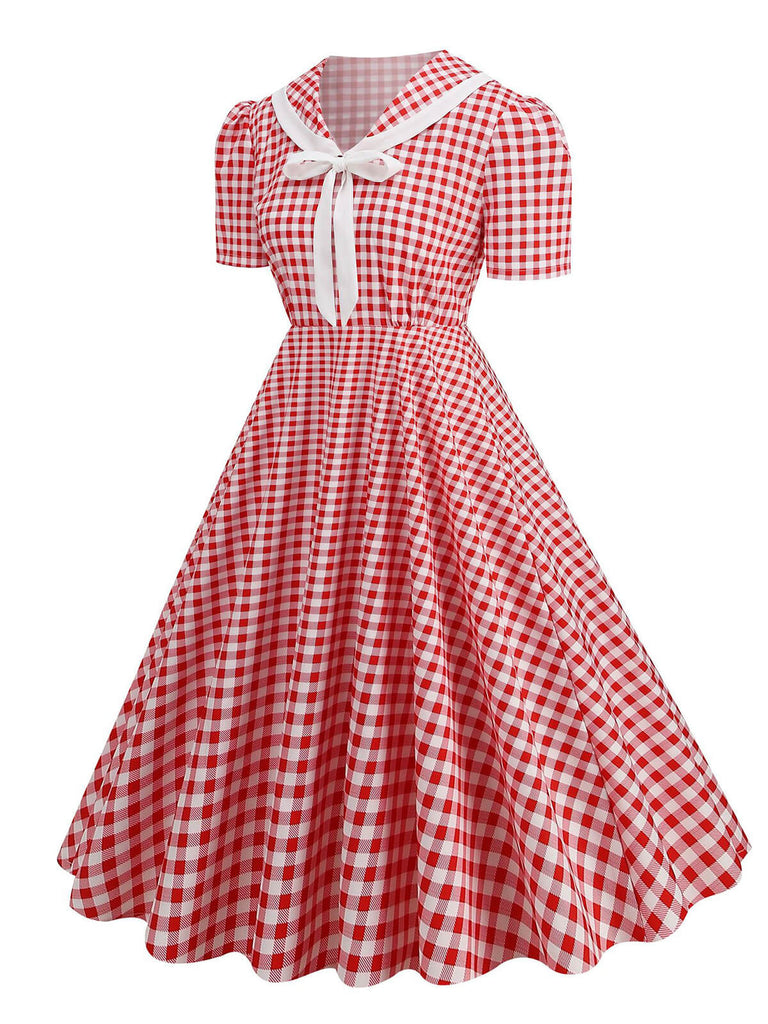 1950er Polka Dots Revers Schleifenknoten Swing Kleid