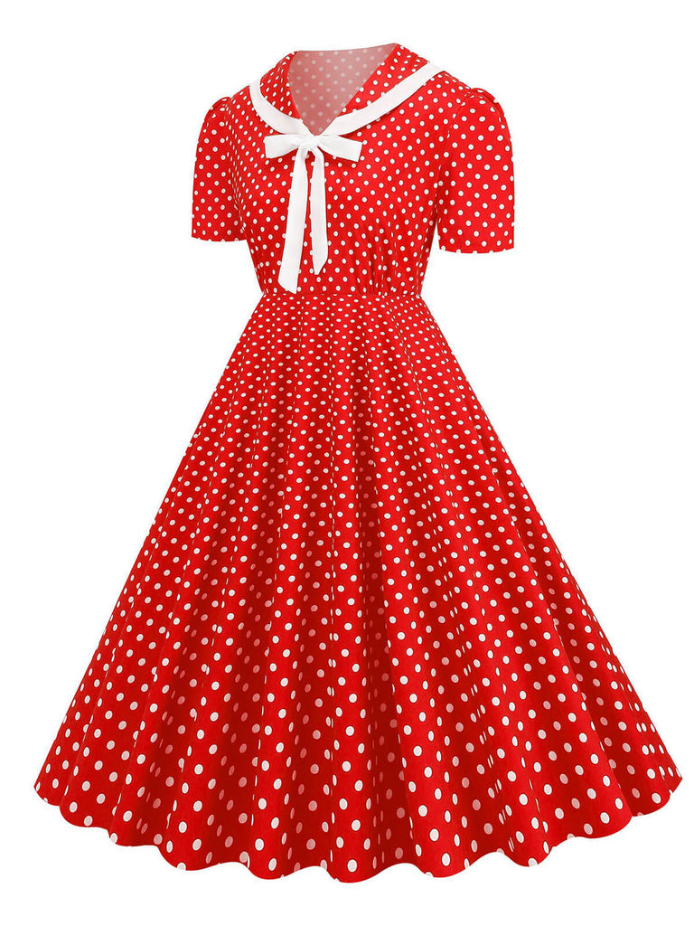 1950er Polka Dots Revers Schleifenknoten Swing Kleid