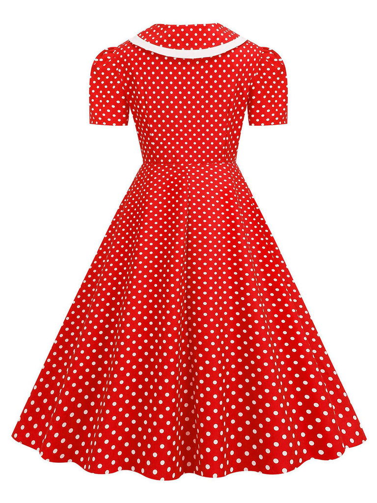 1950er Polka Dots Revers Schleifenknoten Swing Kleid