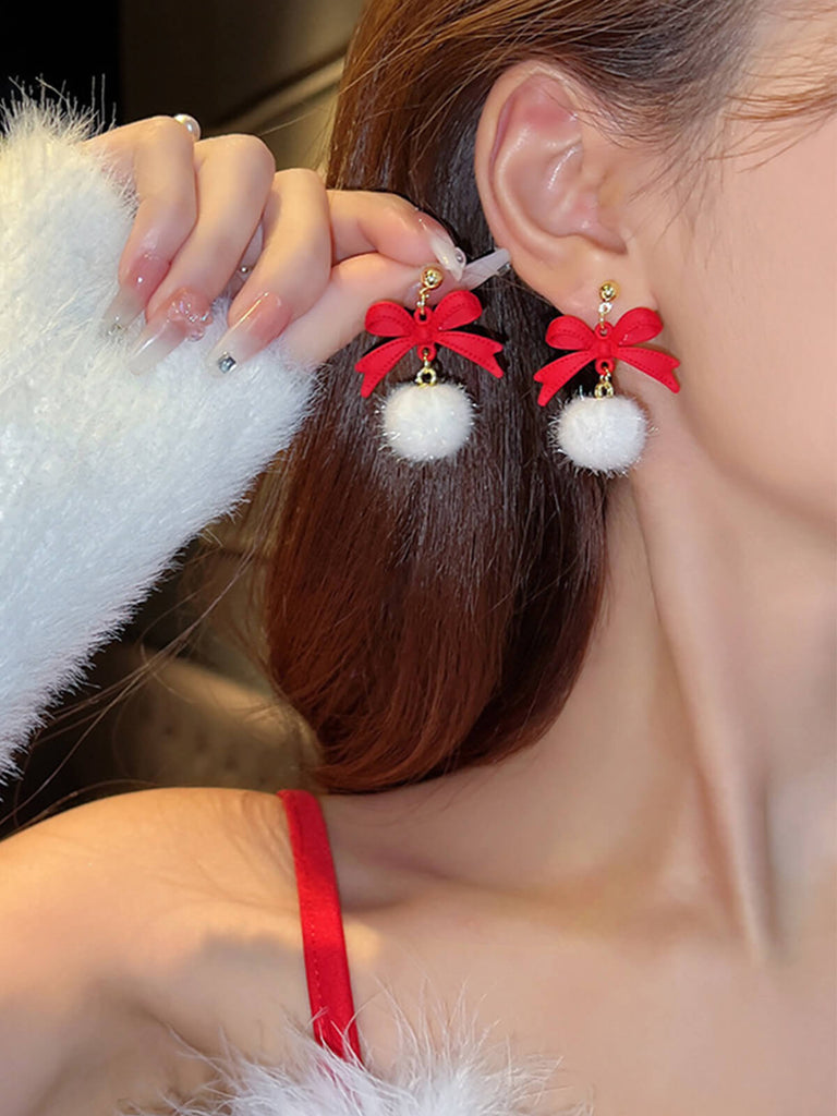 Weihnachten Rote Schleife Weiße Plüschkugel Ohrringe