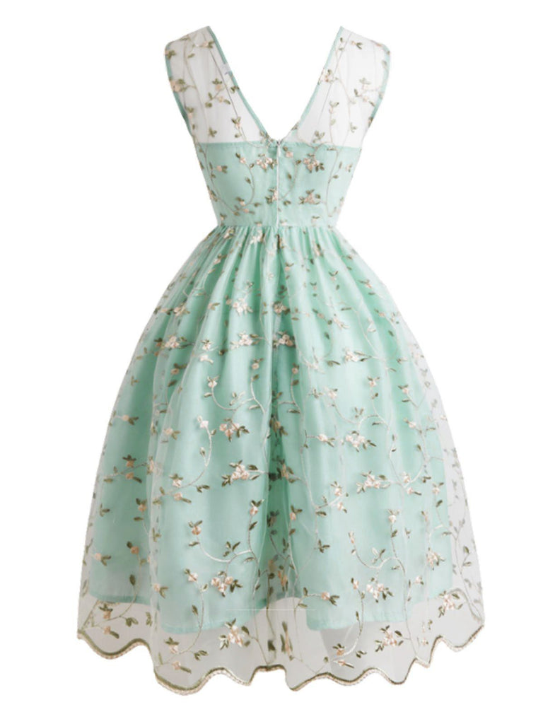 1950ER HELL GRÜN BLUMEN STICKREI SPITZE KLEID